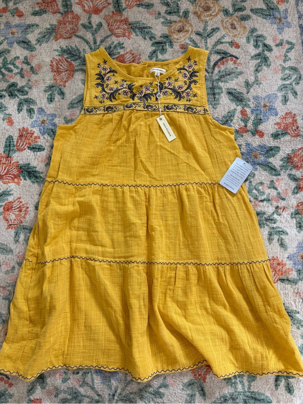Max Studio Mustard Yellow Embroidered Tiered Dress
